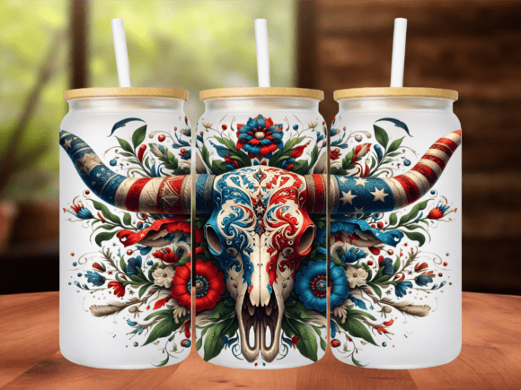 Patriotic Bull Skull 16oz Tumbler Wrap