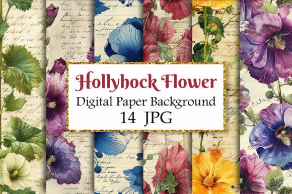 Vintage Hollyhock Flower Digital Paper